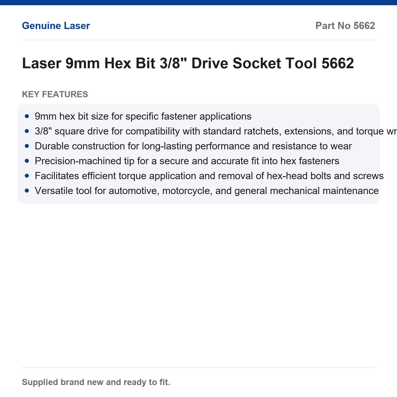Laser 9mm Hex Bit Socket 3/8" Drive Automotive Motorcycle Tool 5662 - Image 6