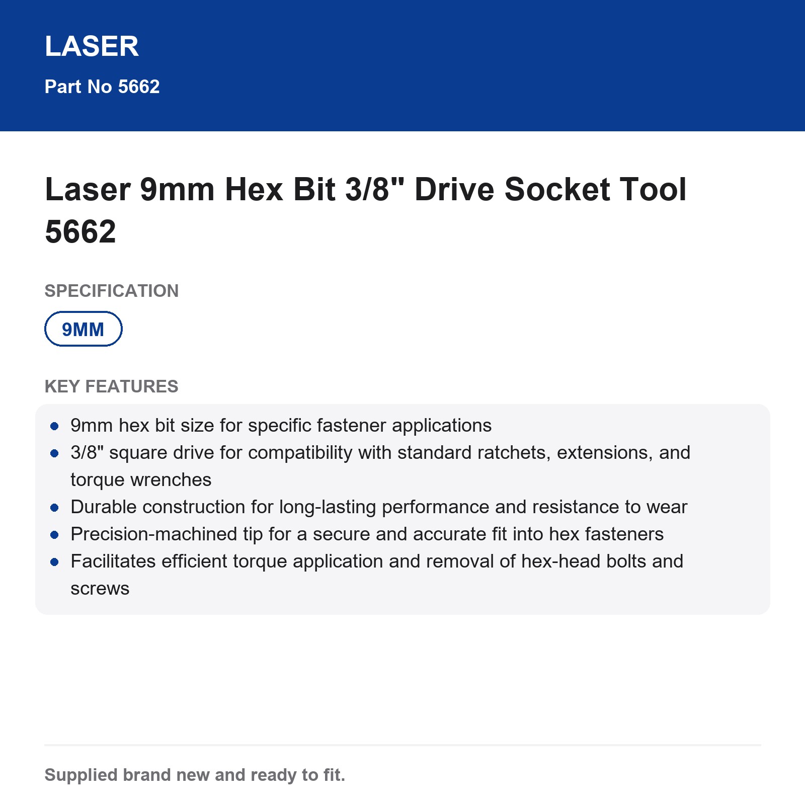 Laser 9mm Hex Bit Socket 3/8" Drive Automotive Motorcycle Tool 5662 - Image 7