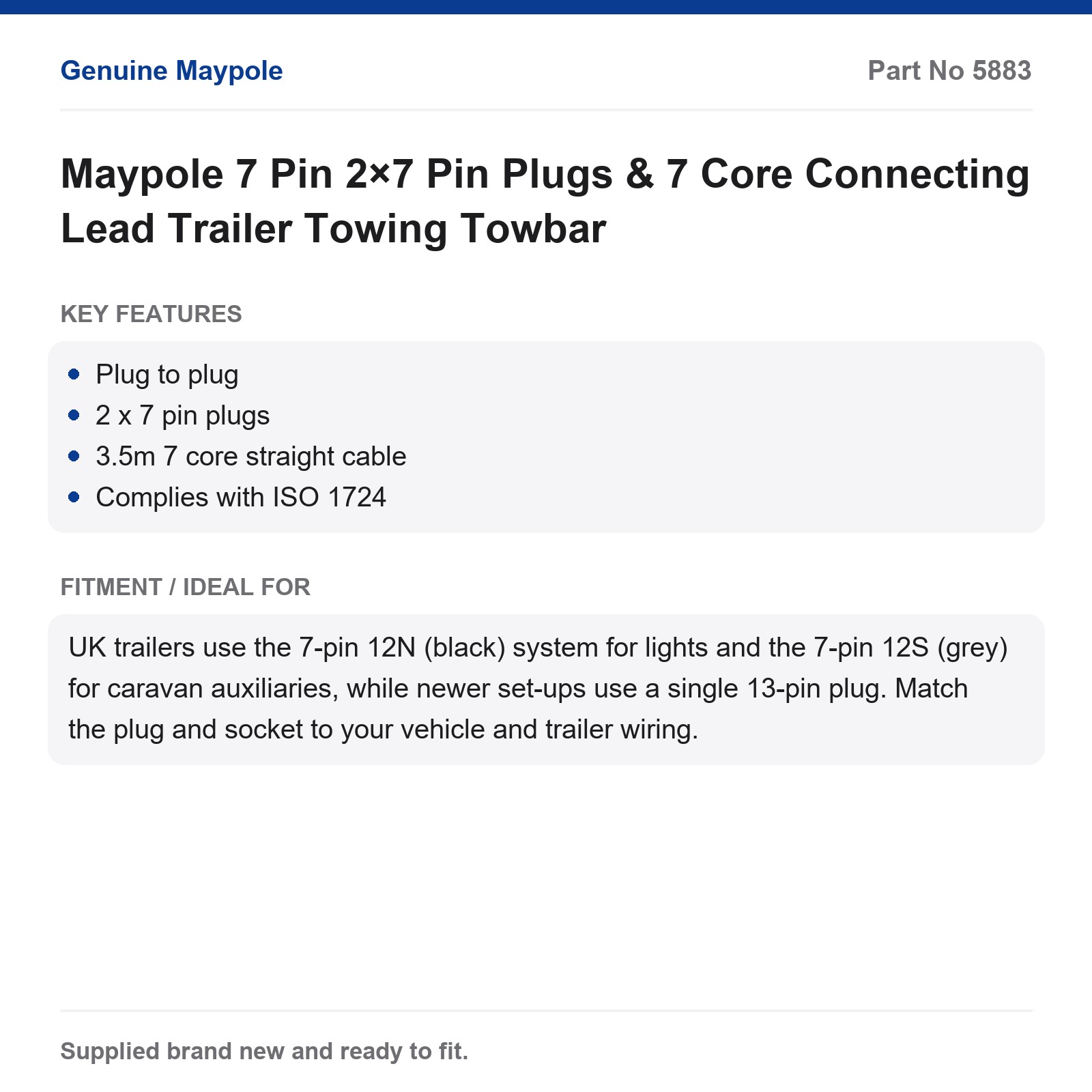 Maypole 2x7 Pin Plugs 7 Core Connecting Lead Trailer Towing Towbar - Image 4