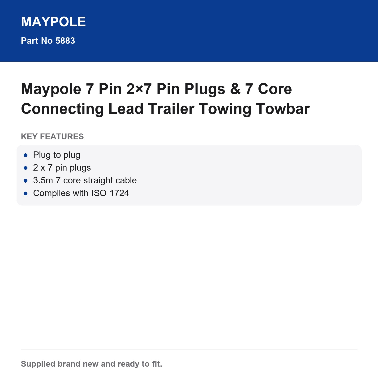 Maypole 2x7 Pin Plugs 7 Core Connecting Lead Trailer Towing Towbar - Image 5