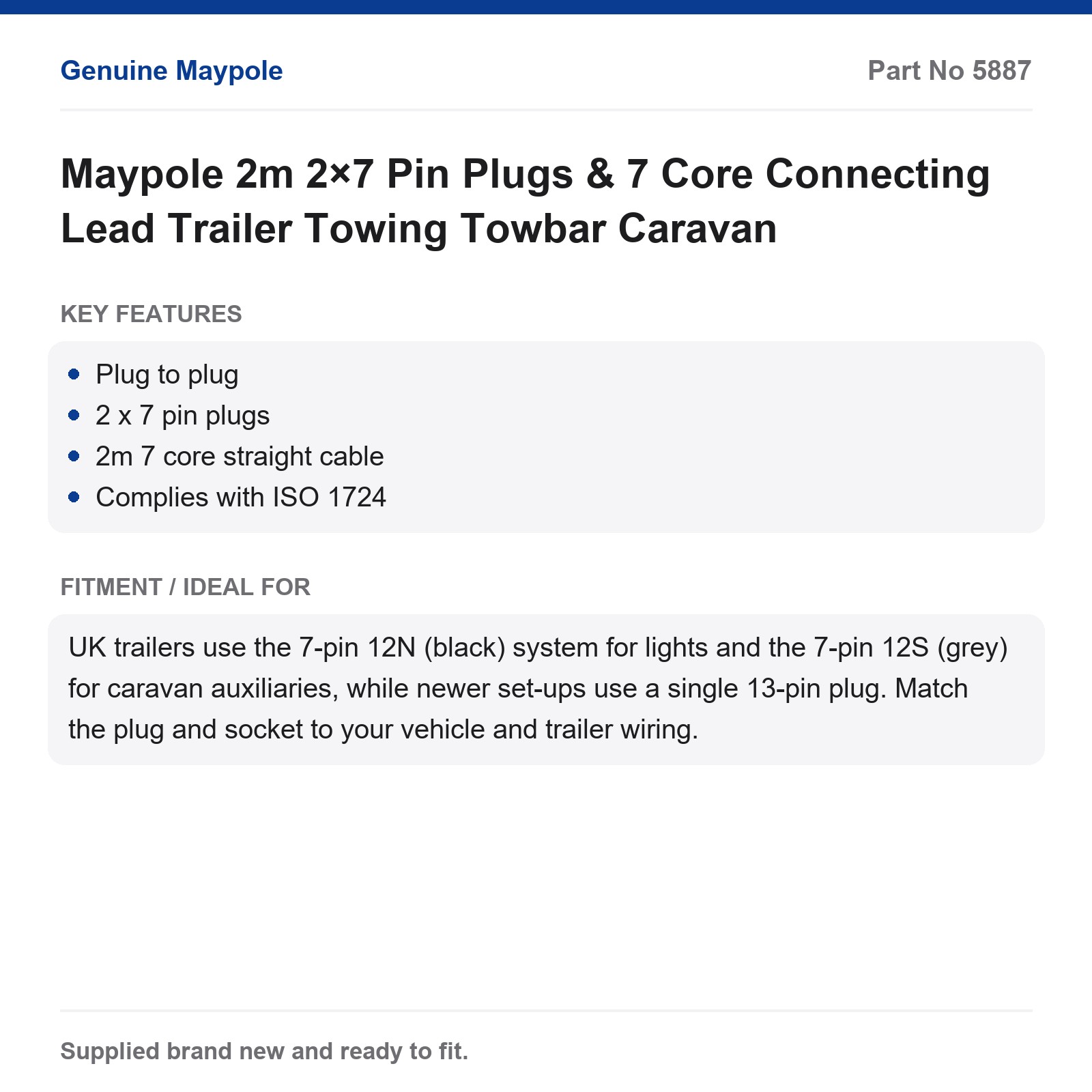 Maypole 2m 2x7 Pin Plugs 7 Core Connecting Lead Trailer Caravan - Image 4