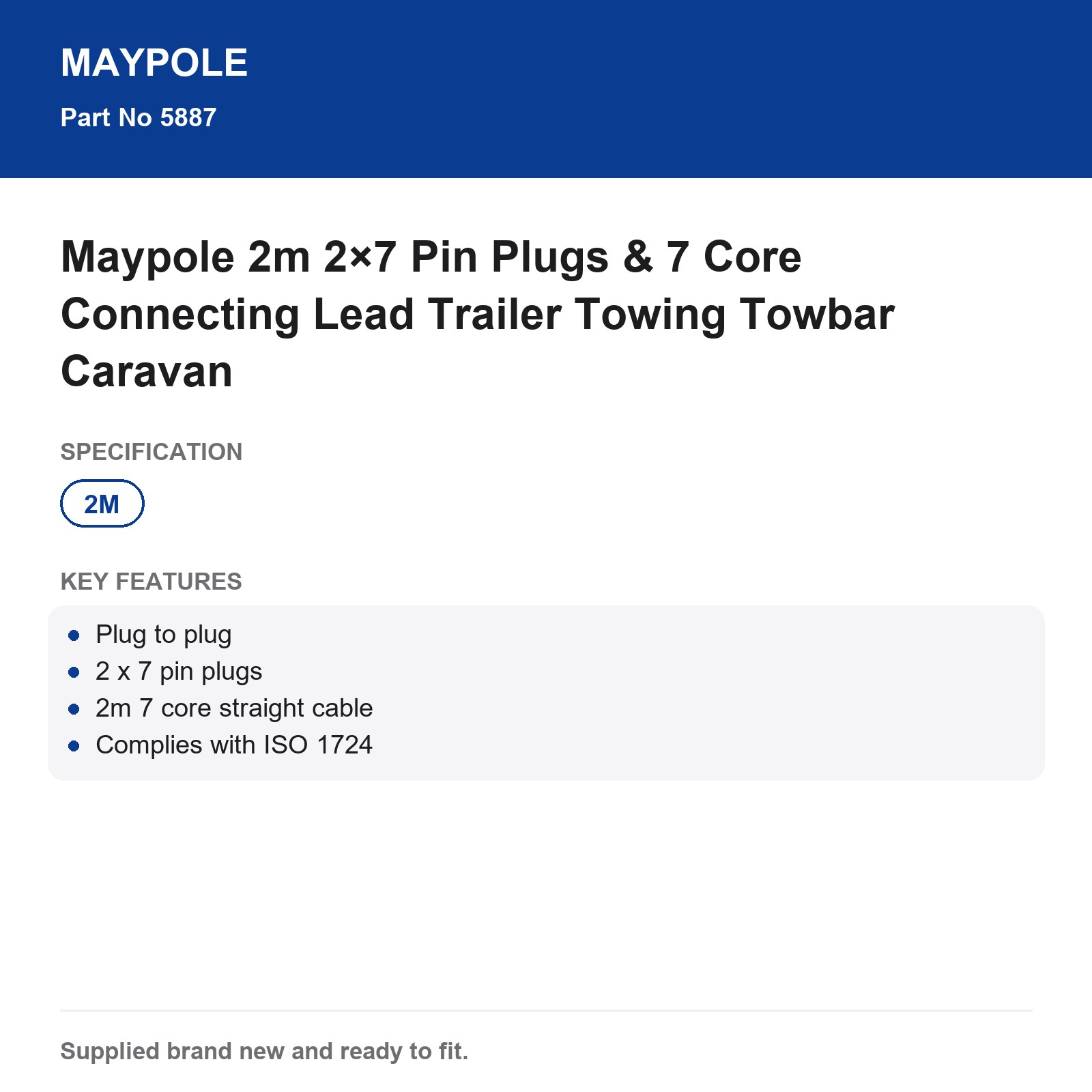 Maypole 2m 2x7 Pin Plugs 7 Core Connecting Lead Trailer Caravan - Image 5