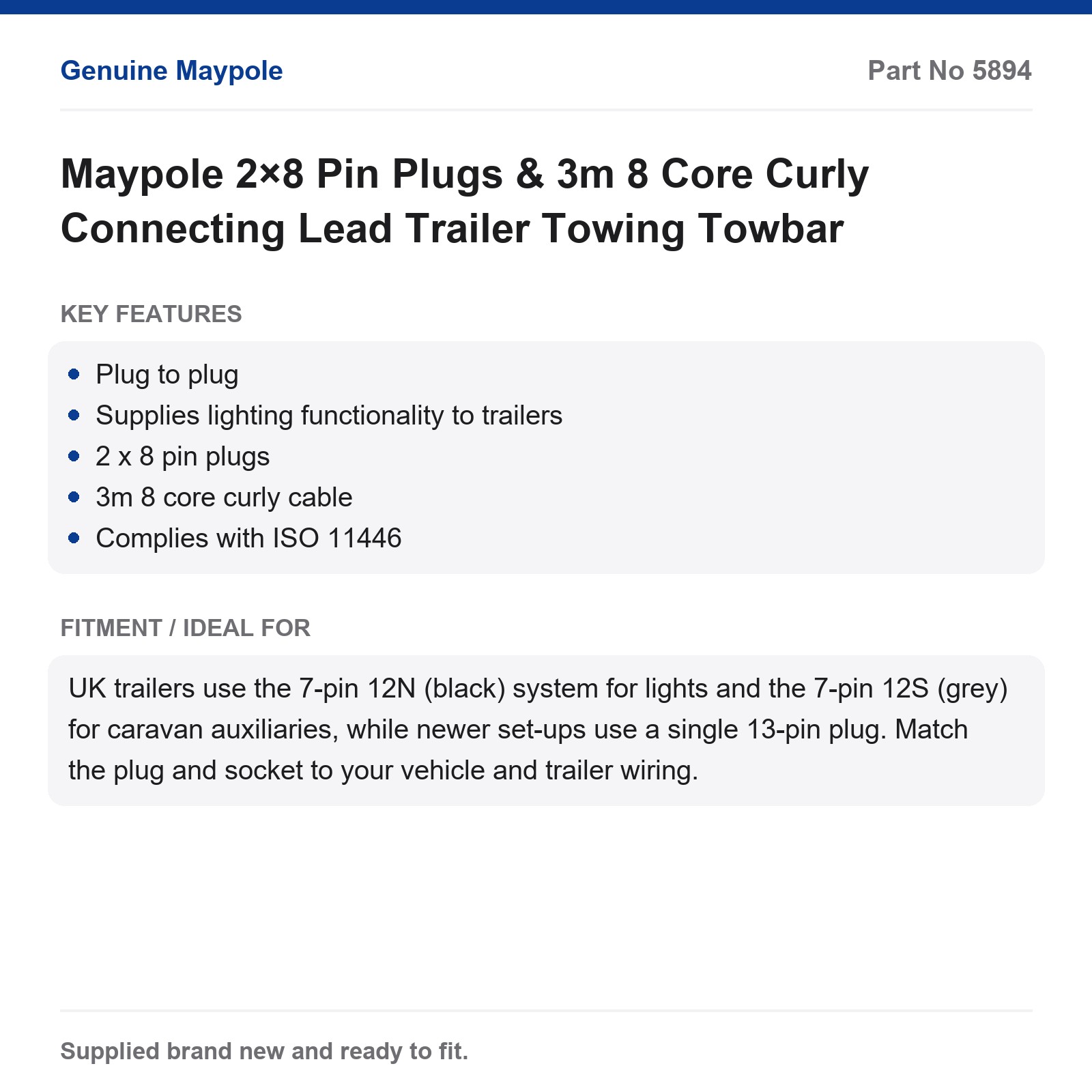 Maypole 3m 8 Core Curly Connecting Lead 2x8 Pin Plugs Trailer Towbar - Image 4
