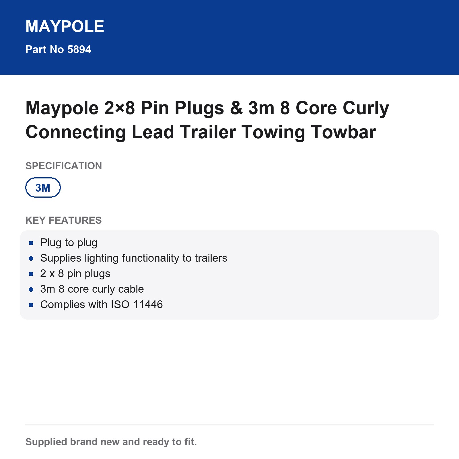 Maypole 3m 8 Core Curly Connecting Lead 2x8 Pin Plugs Trailer Towbar - Image 5