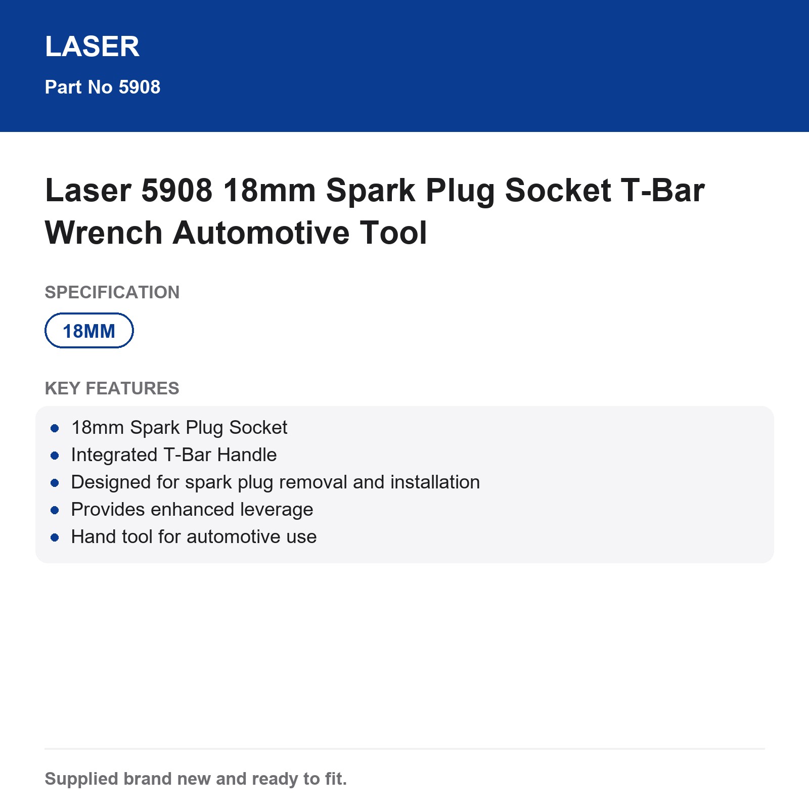Laser 5908 18mm Spark Plug Socket T-Bar Wrench - Image 6