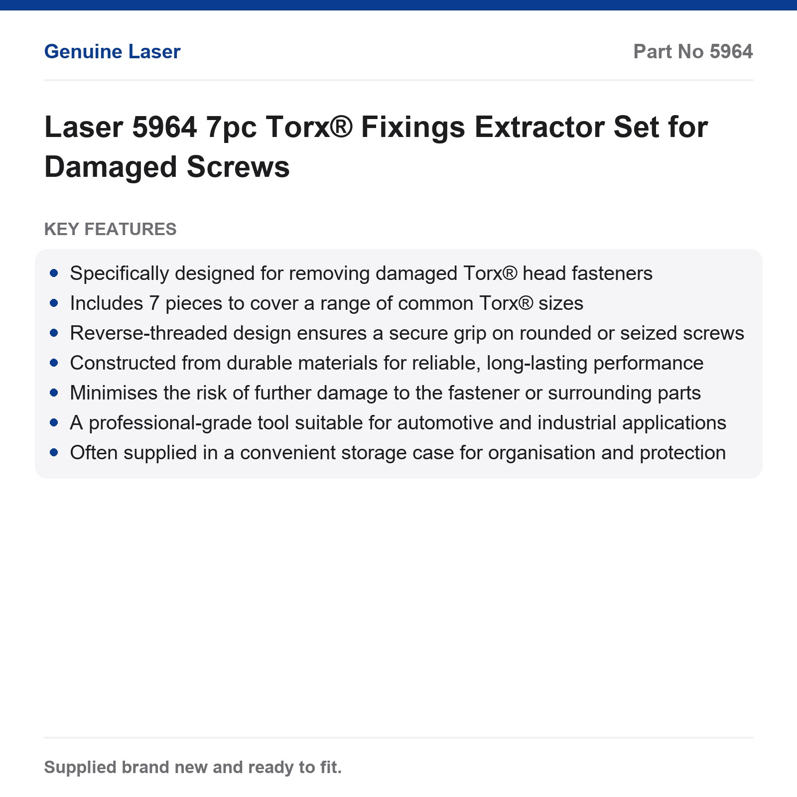 Laser 5964 7pc Torx® Extractor Set for Damaged Stripped Screws - Image 6