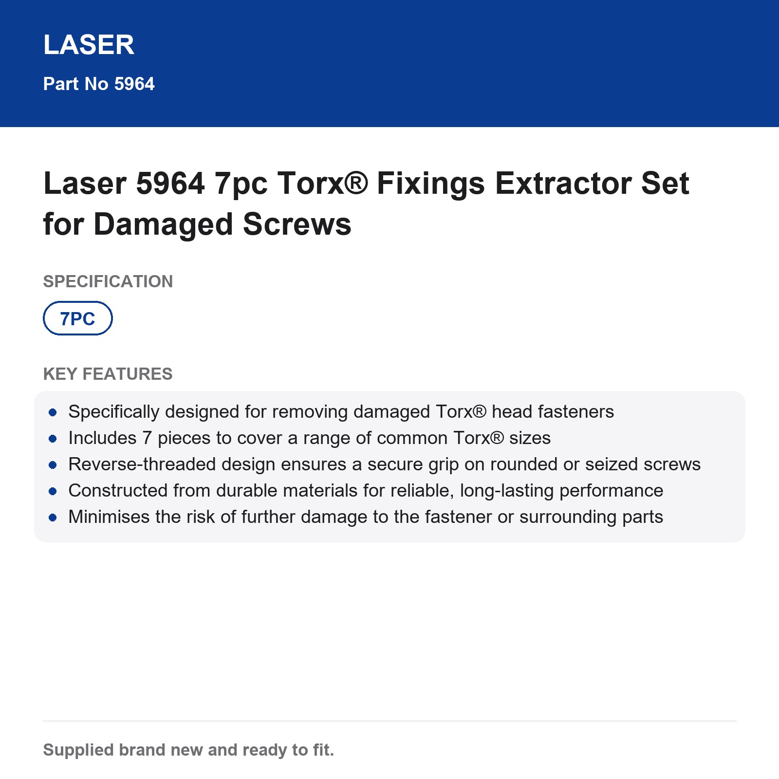 Laser 5964 7pc Torx® Extractor Set for Damaged Stripped Screws - Image 7