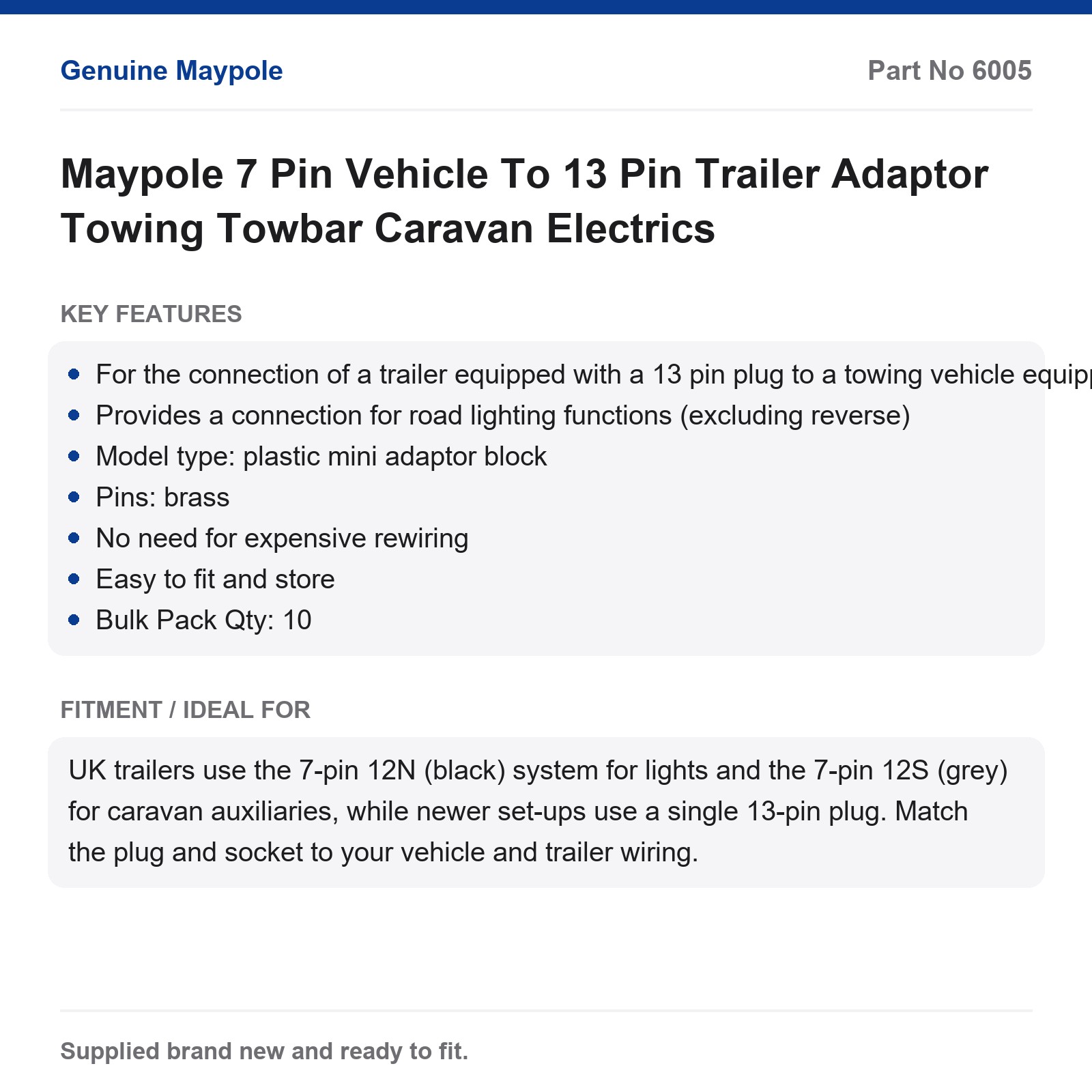Maypole 7 Pin 12N to 13 Pin Trailer Adaptor Towing Caravan Electrics - Image 5