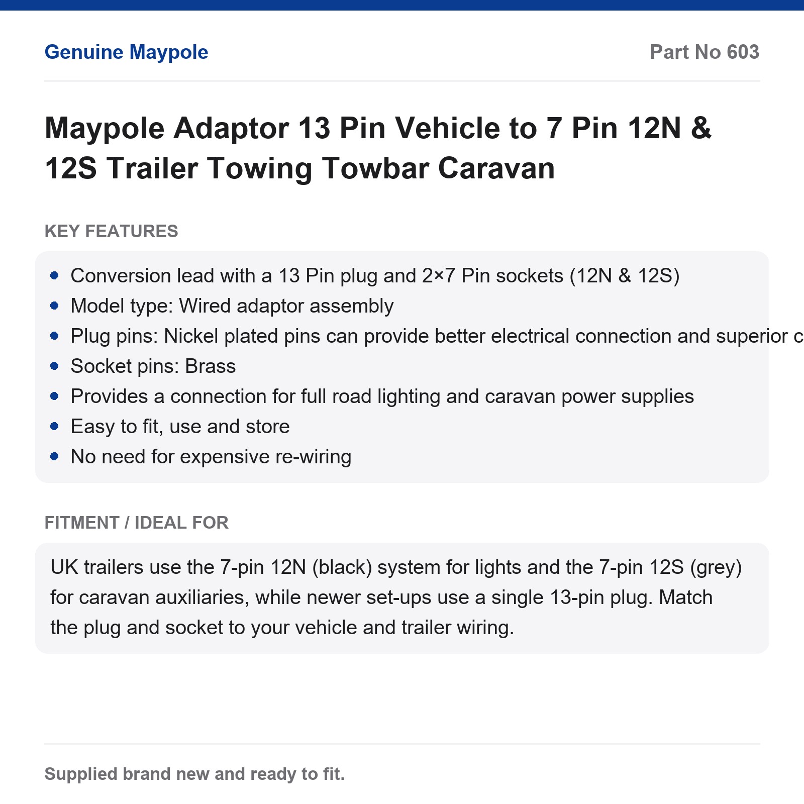 Maypole Adaptor Lead 13 Pin Vehicle to 7 Pin 12N & 12S Trailer Towing Caravan - Image 4