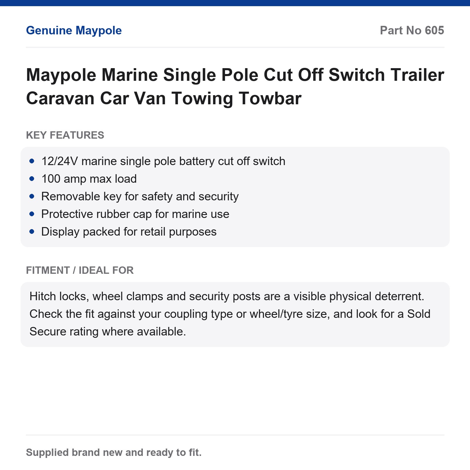 Maypole Marine Single Pole Cut Off Switch Trailer Caravan Car Van Towing Towbar - Image 4