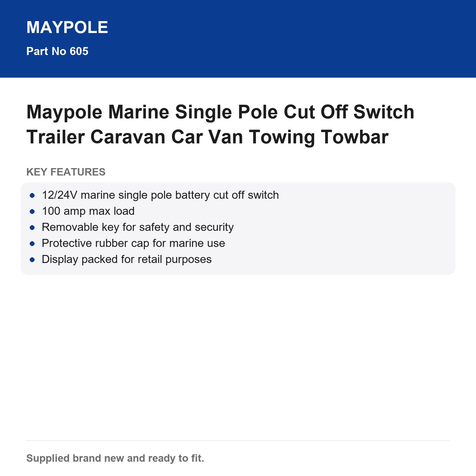 Maypole Marine Single Pole Cut Off Switch Trailer Caravan Car Van Towing Towbar - Image 5