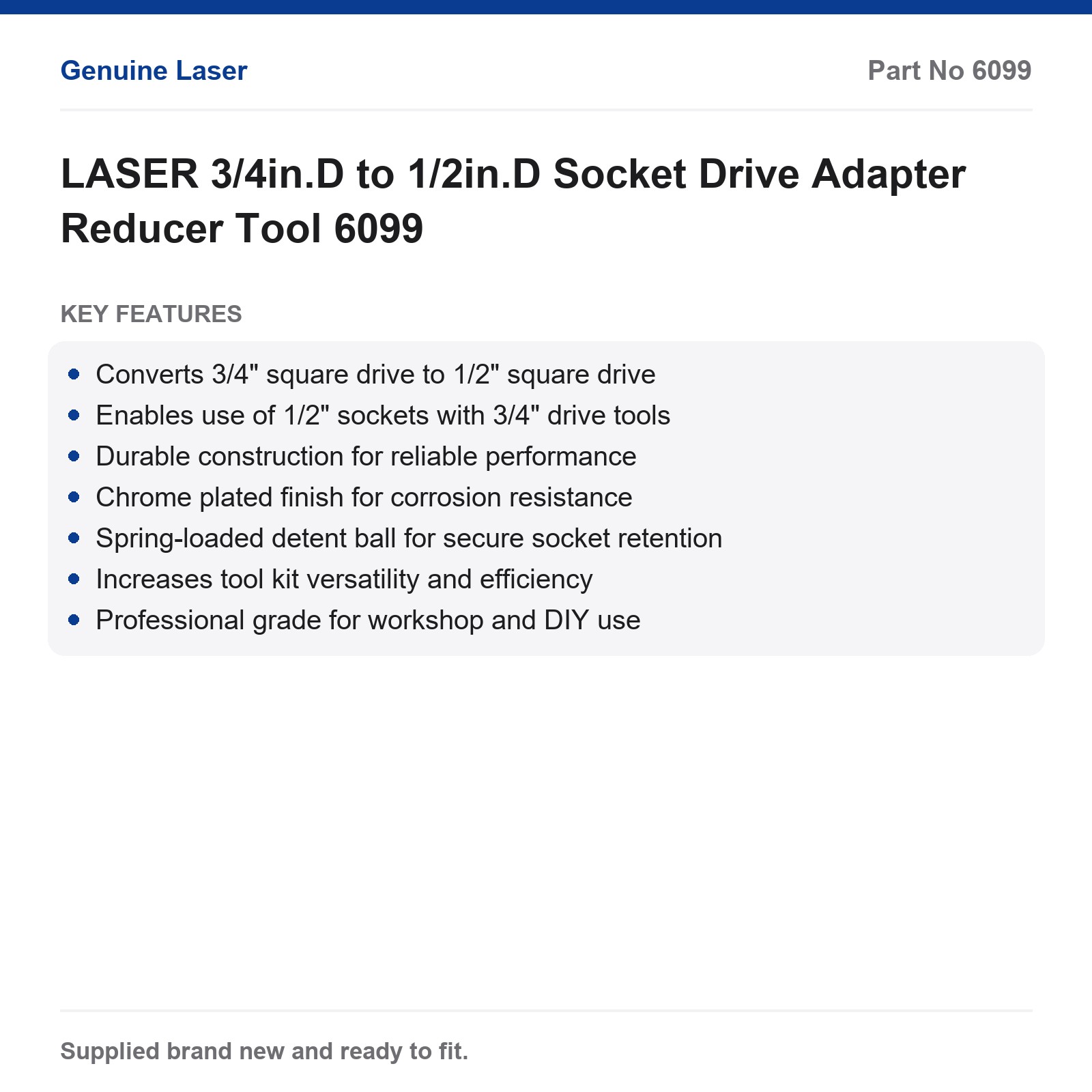 Laser 3/4in.D to 1/2in.D Socket Drive Adapter Reducer Tool 6099 - Image 3