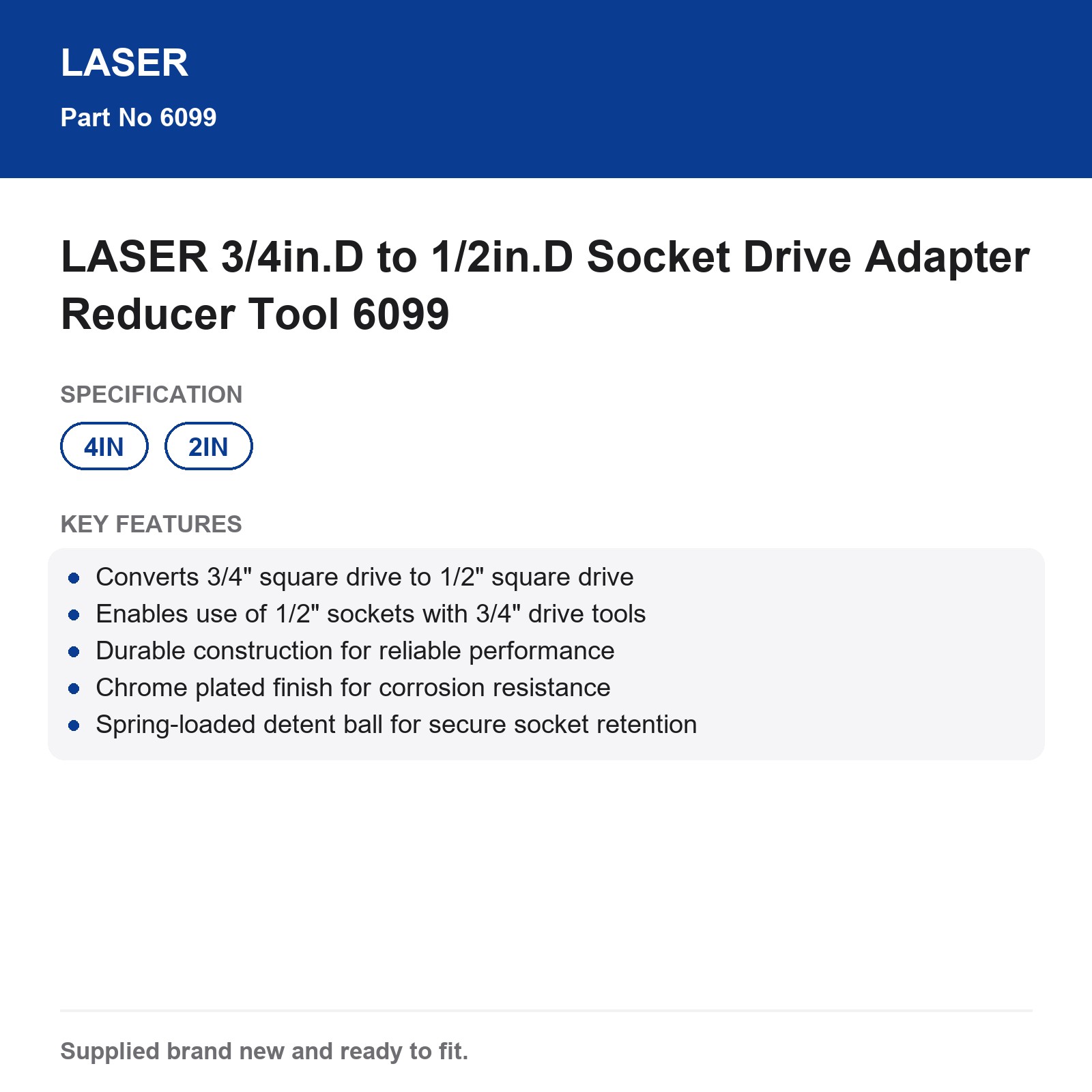 Laser 3/4in.D to 1/2in.D Socket Drive Adapter Reducer Tool 6099 - Image 4