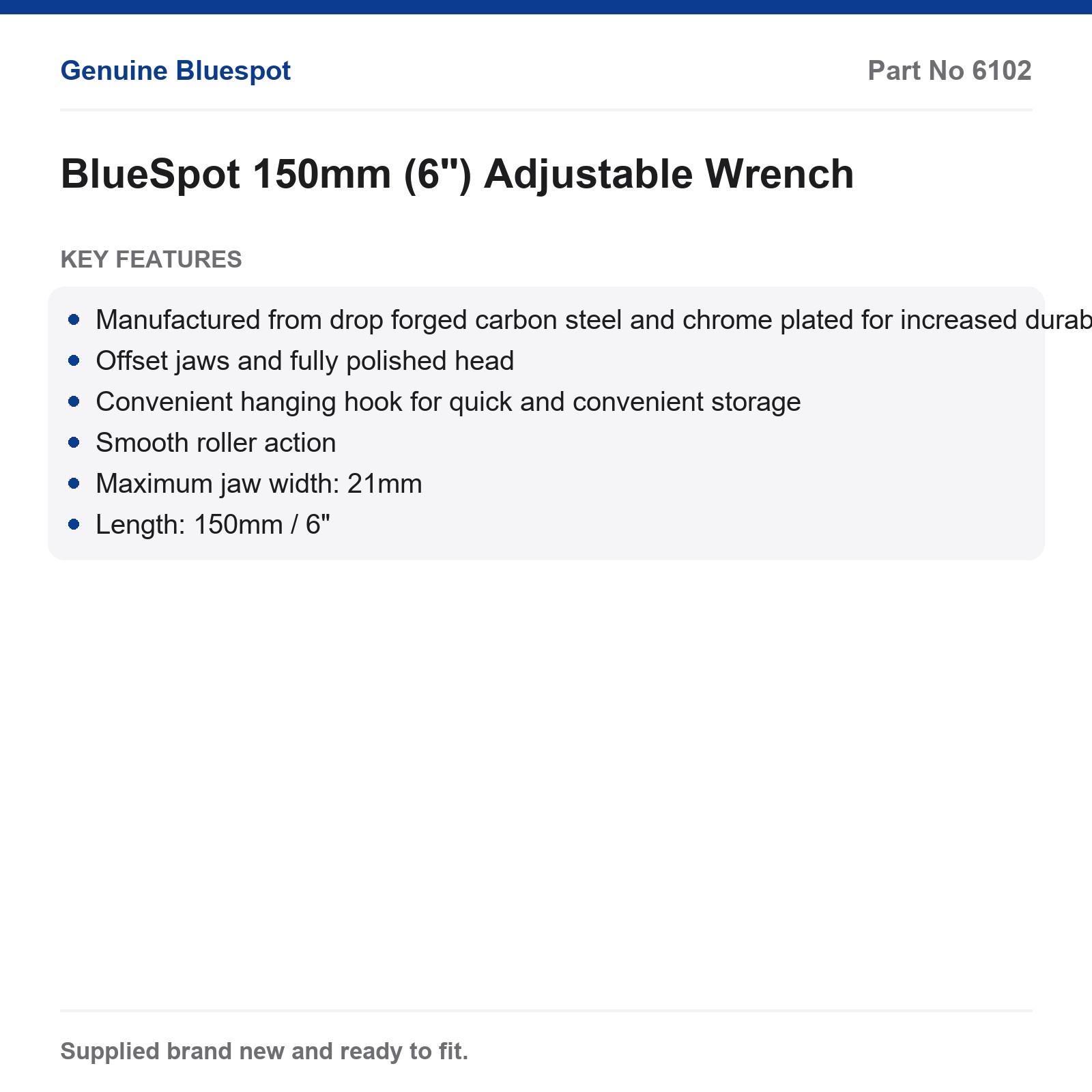 BlueSpot 150mm 6" Adjustable Wrench Carbon Steel Chrome Plated Offset Jaws 21mm - Image 3