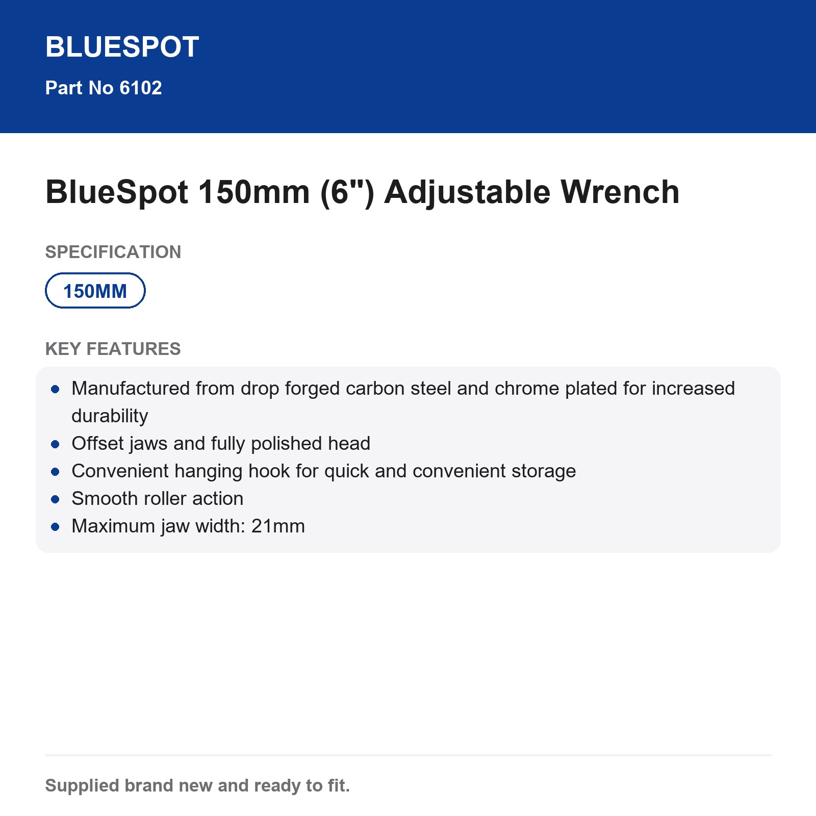 BlueSpot 150mm 6" Adjustable Wrench Carbon Steel Chrome Plated Offset Jaws 21mm - Image 4