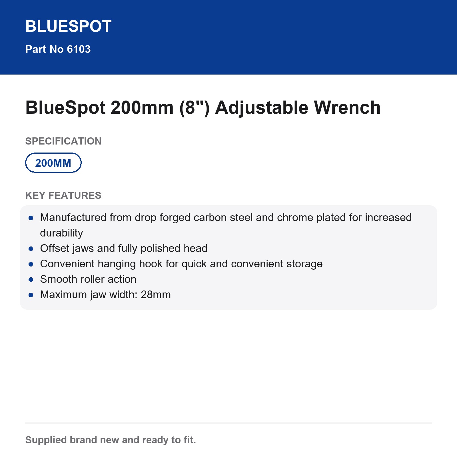 Bluespot Adjustable Wrench 200mm (8") Carbon Steel Chrome Offset Jaws 28mm - Image 4