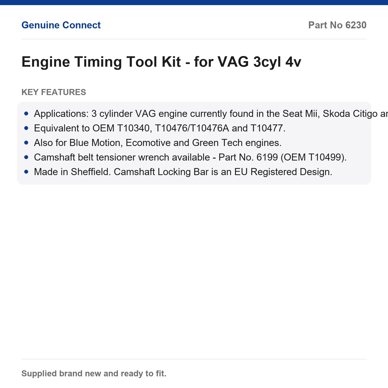 Laser Connect 6230 VAG 3cyl 4v Timing Tool Kit VW UP! Mii Citigo CHYA CHYB - Image 5
