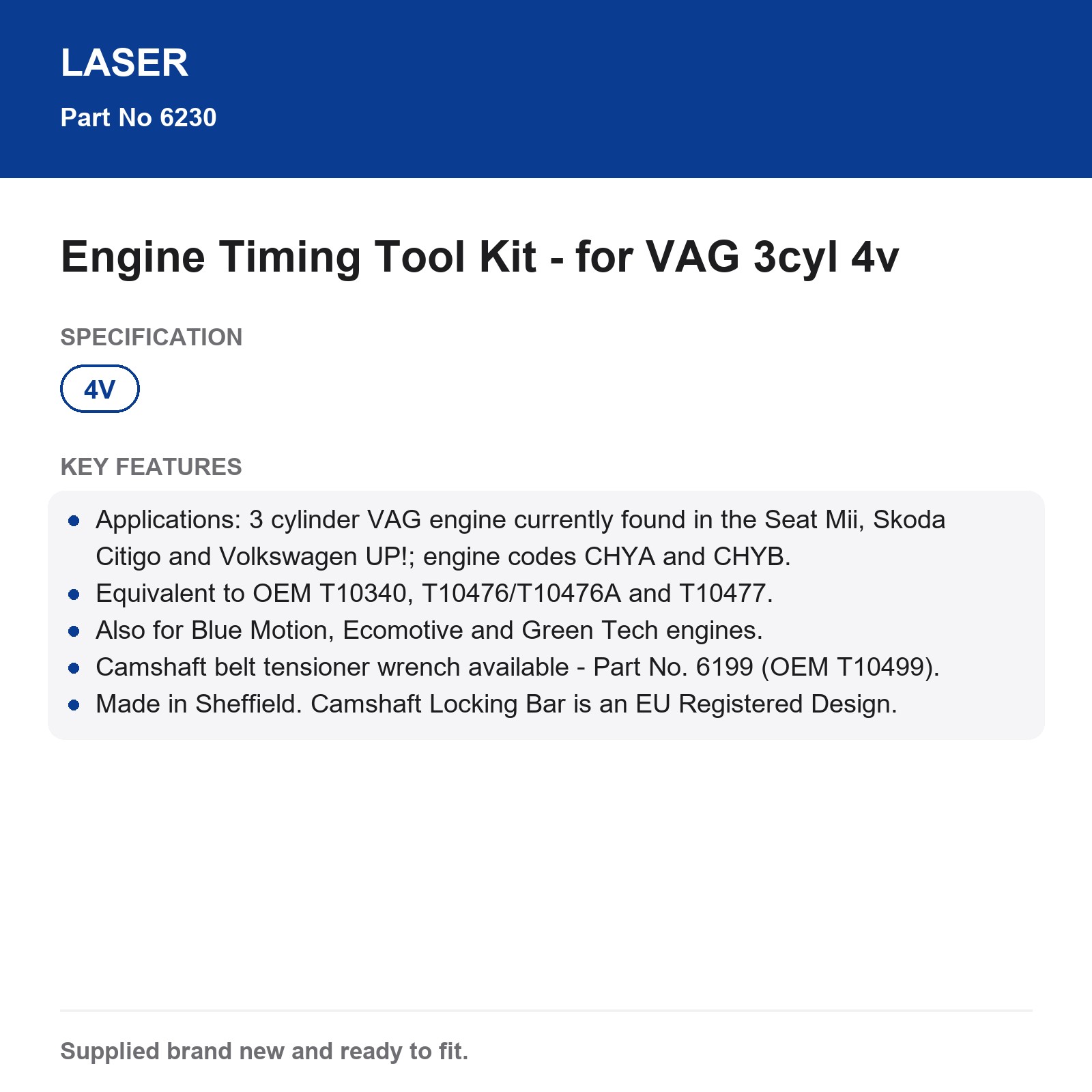 Laser Connect 6230 VAG 3cyl 4v Timing Tool Kit VW UP! Mii Citigo CHYA CHYB - Image 6