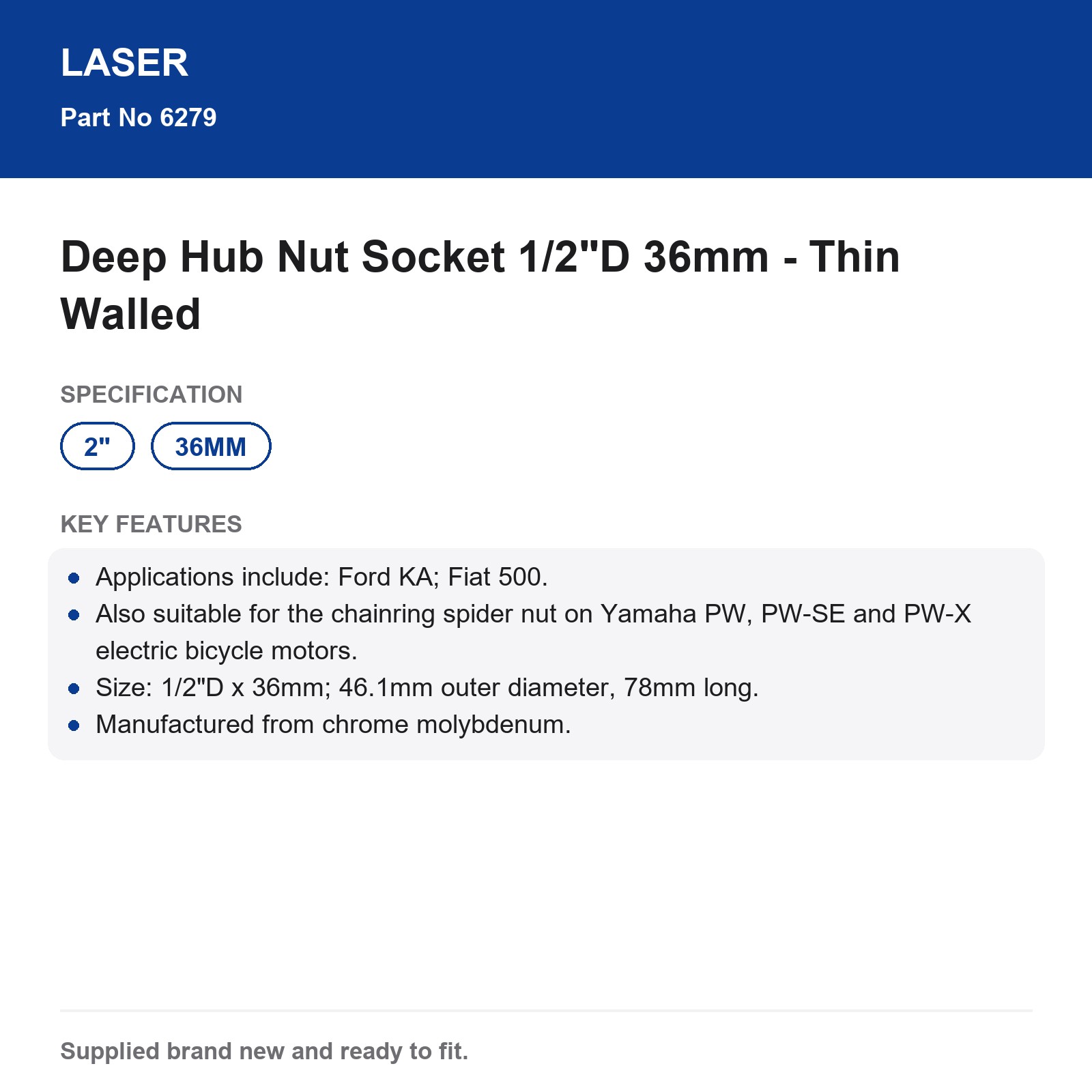 Hub Nut Socket 36mm 1/2"D Deep Thin Ford KA Fiat 500 Yamaha E-bike Cr-Mo Laser - Image 7