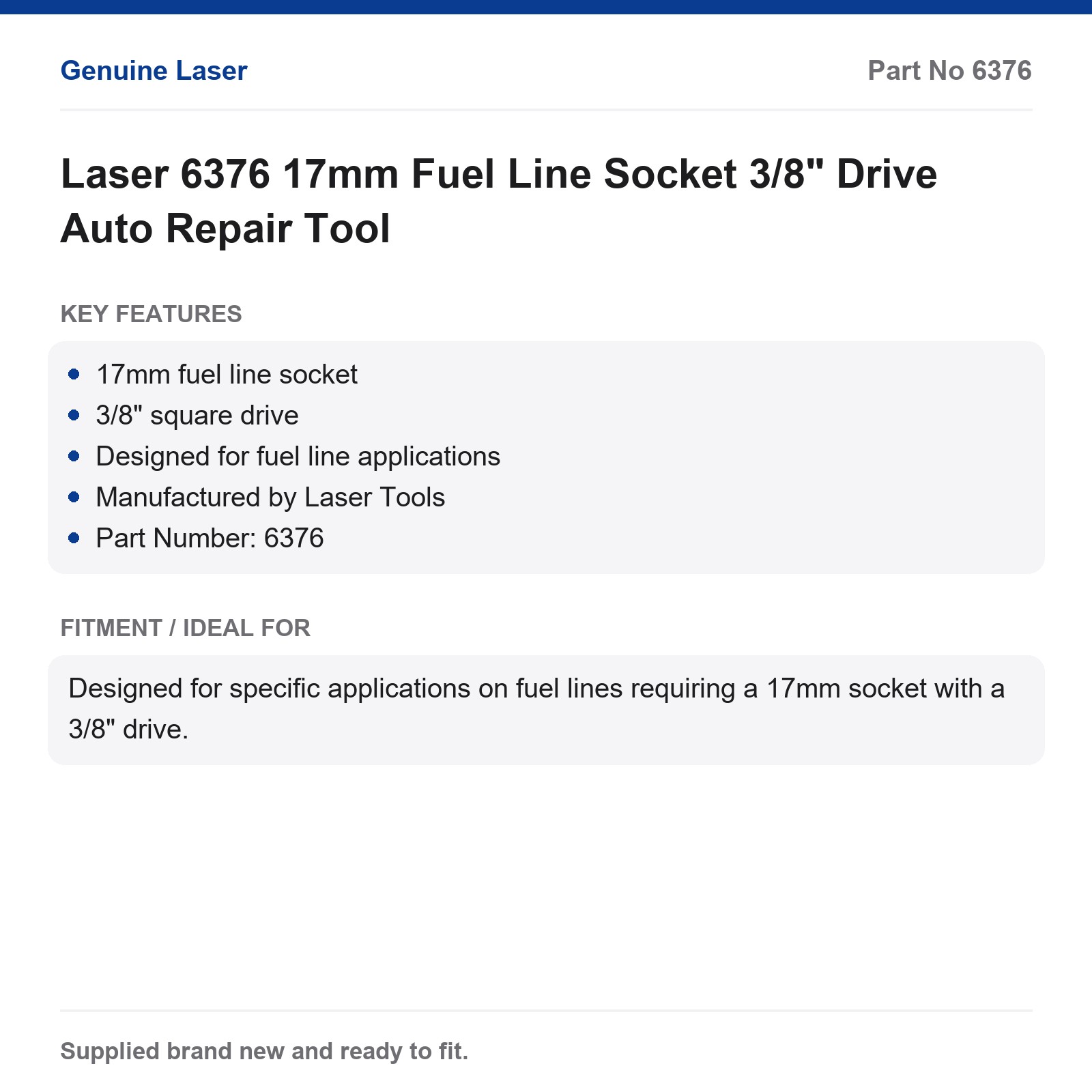 Laser 6376 17mm Fuel Line Socket 3/8" Drive Auto Repair Tool - Image 6