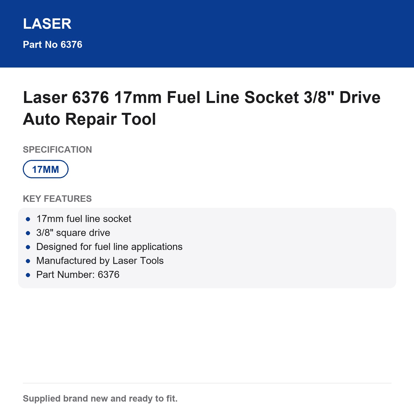 Laser 6376 17mm Fuel Line Socket 3/8" Drive Auto Repair Tool - Image 7