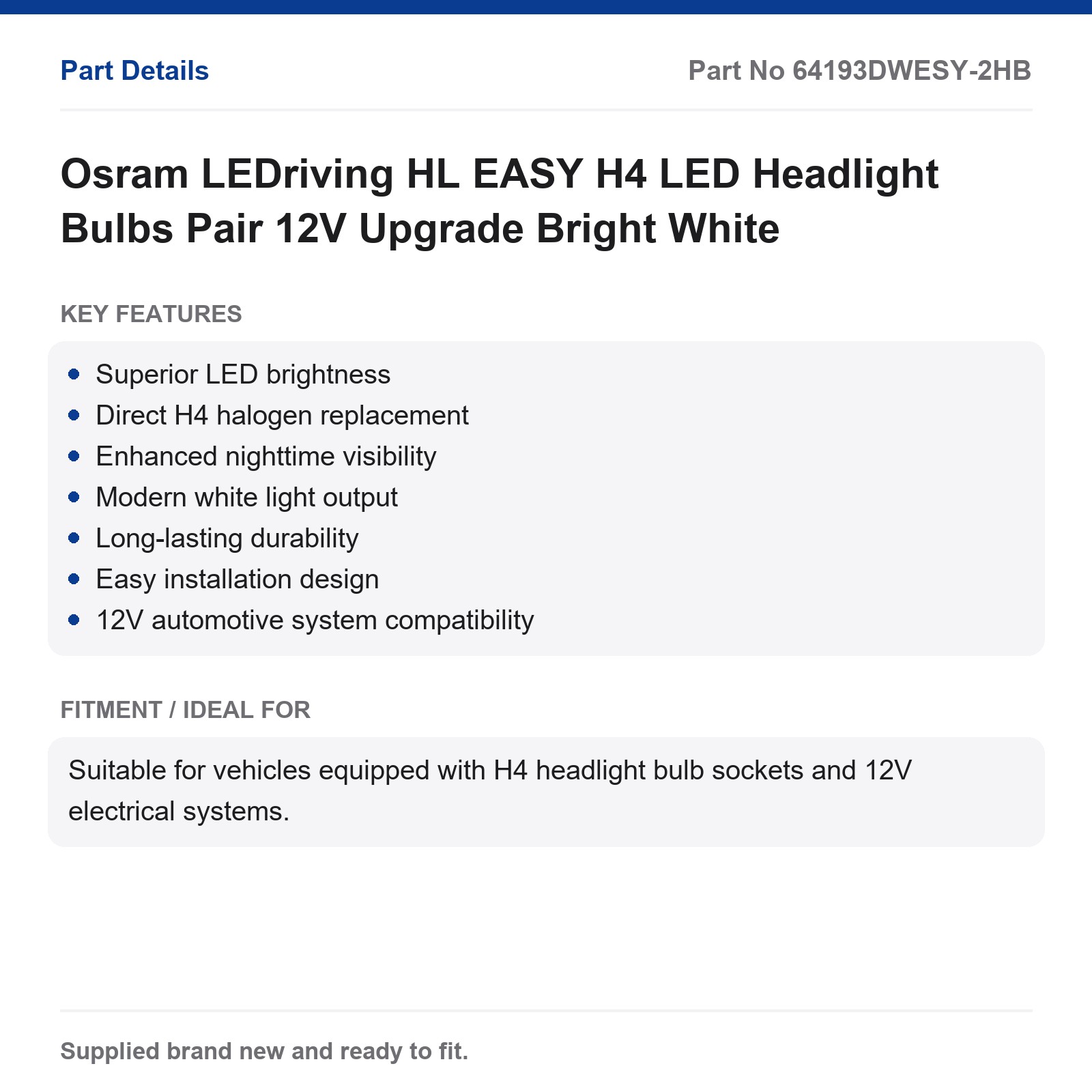 Osram LEDriving HL EASY H4 LED Headlight Bulbs Pair 12V Upgrade Bright White - Image 2