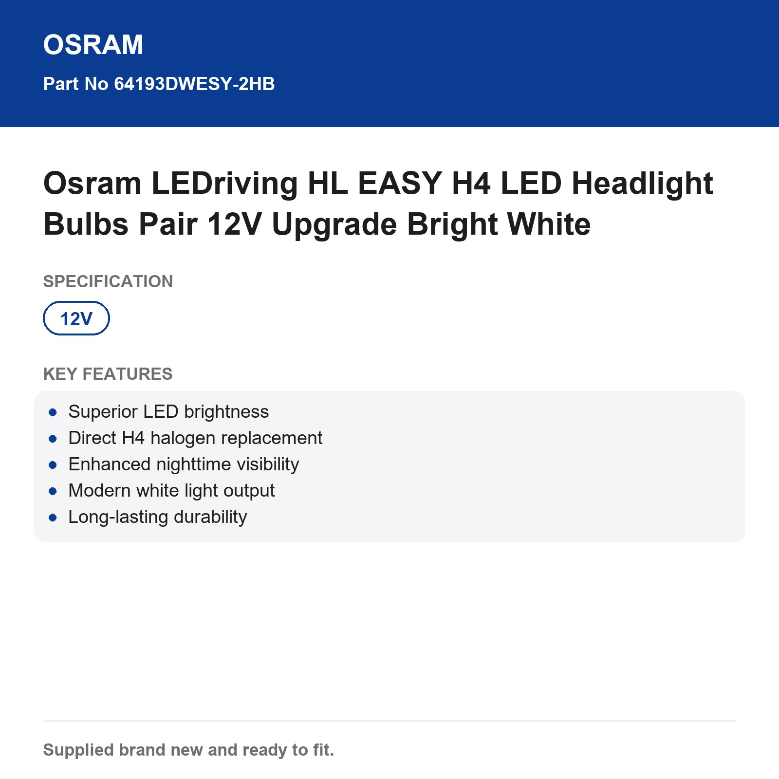 Osram LEDriving HL EASY H4 LED Headlight Bulbs Pair 12V Upgrade Bright White - Image 3