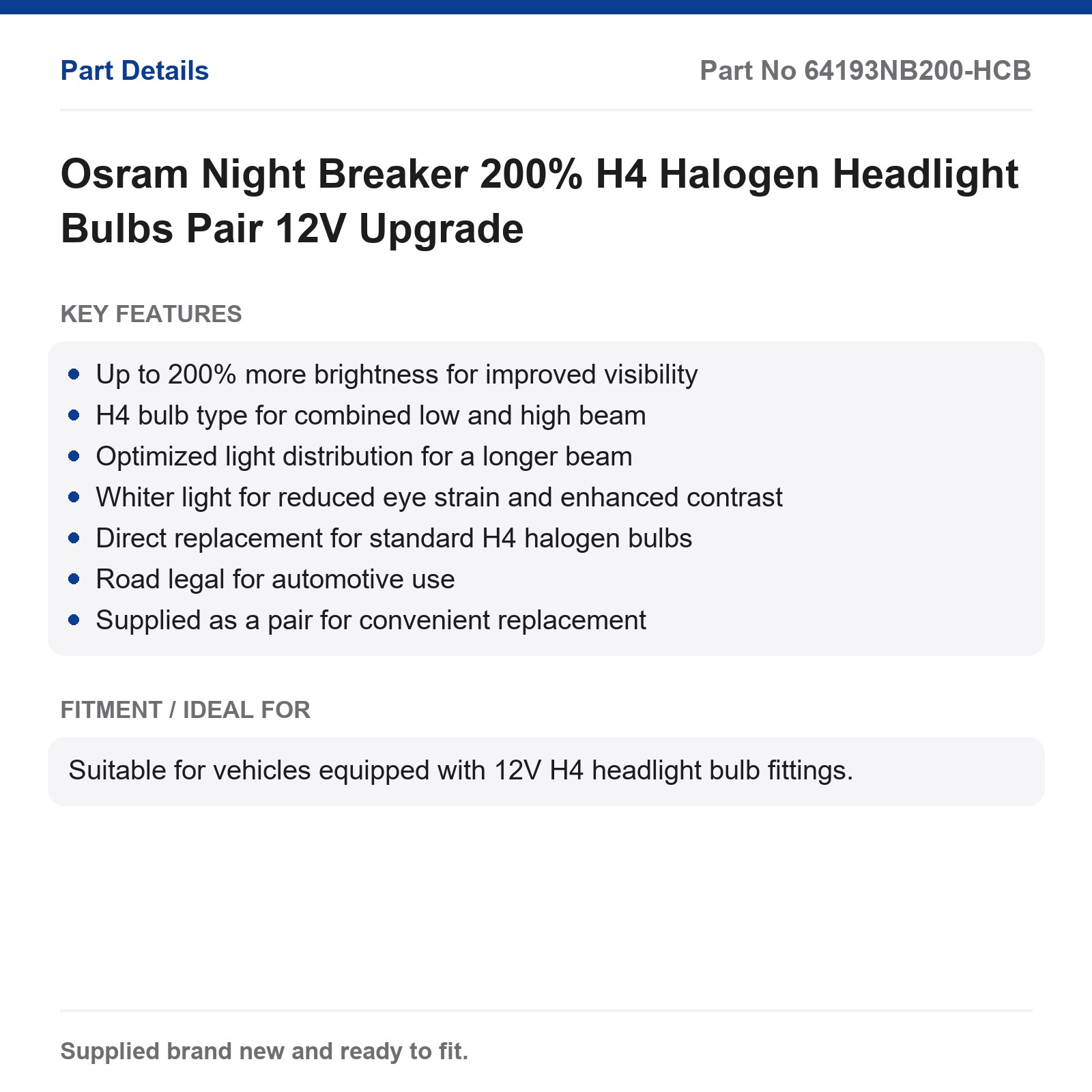 Osram Night Breaker 200% H4 Halogen Headlight Bulbs Pair 12V Upgrade - Image 2