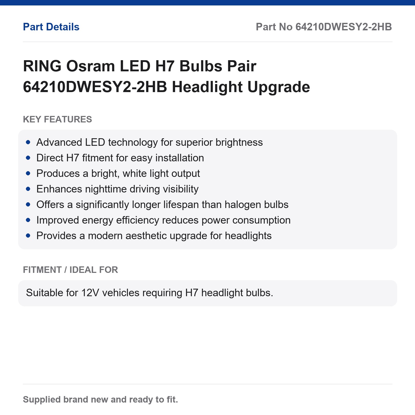 RING Osram LED H7 Bulbs Pair 64210DWESY2-2HB Headlight Upgrade - Image 2