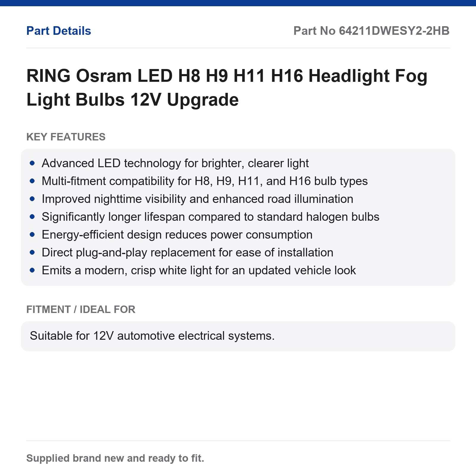 RING Osram LED H8 H9 H11 H16 Headlight Fog Light Bulbs 12V Upgrade - Image 2