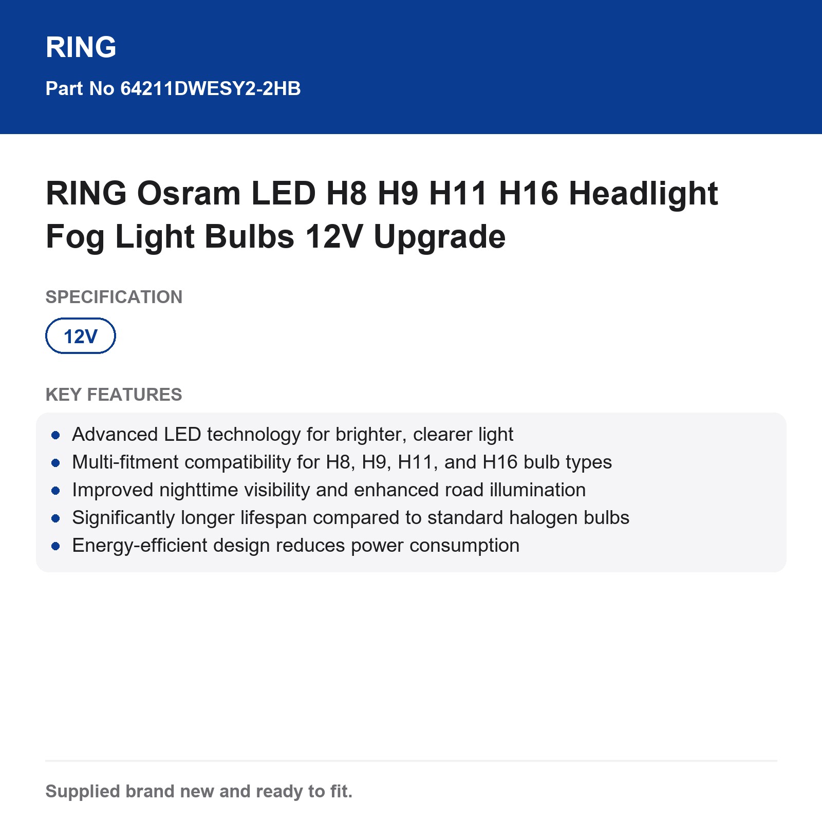 RING Osram LED H8 H9 H11 H16 Headlight Fog Light Bulbs 12V Upgrade - Image 3