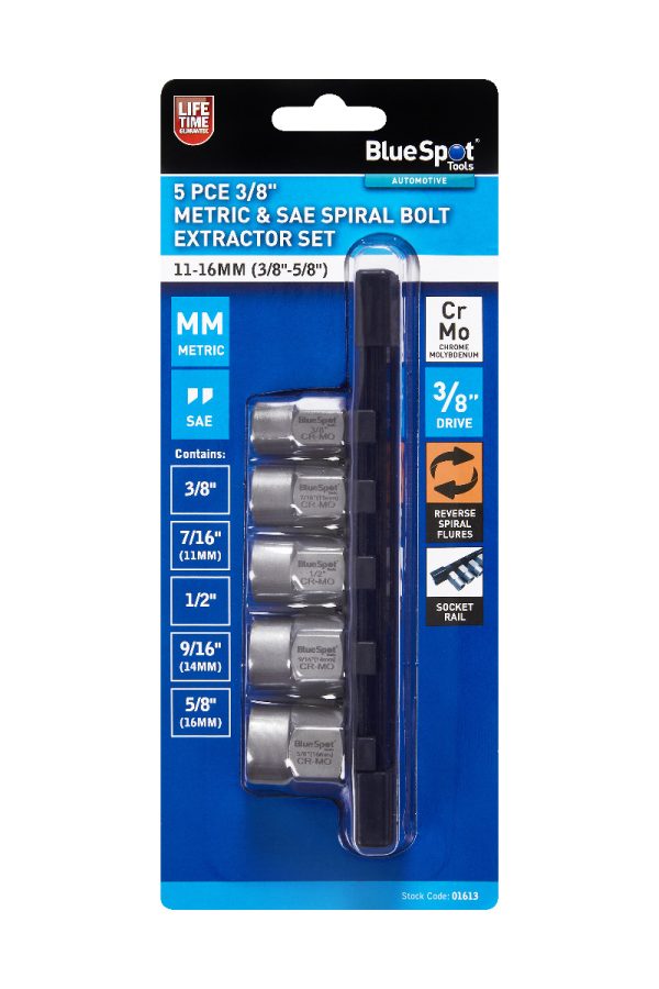 BlueSpot Spiral Bolt Extractor Set 5pc 3/8″ Metric & SAE (11-16mm)(3/8″-5/8″)