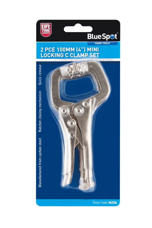 BlueSpot Mini Locking C Clamp 2pc 100mm (4″) 41mm Max Jaw Quick Release