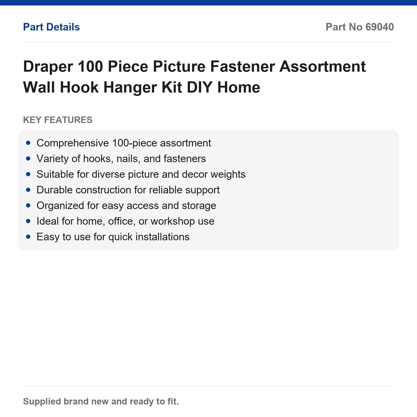 Draper 100 Piece Picture Fastener Assortment Wall Hook Hanger Kit DIY Home - Image 2