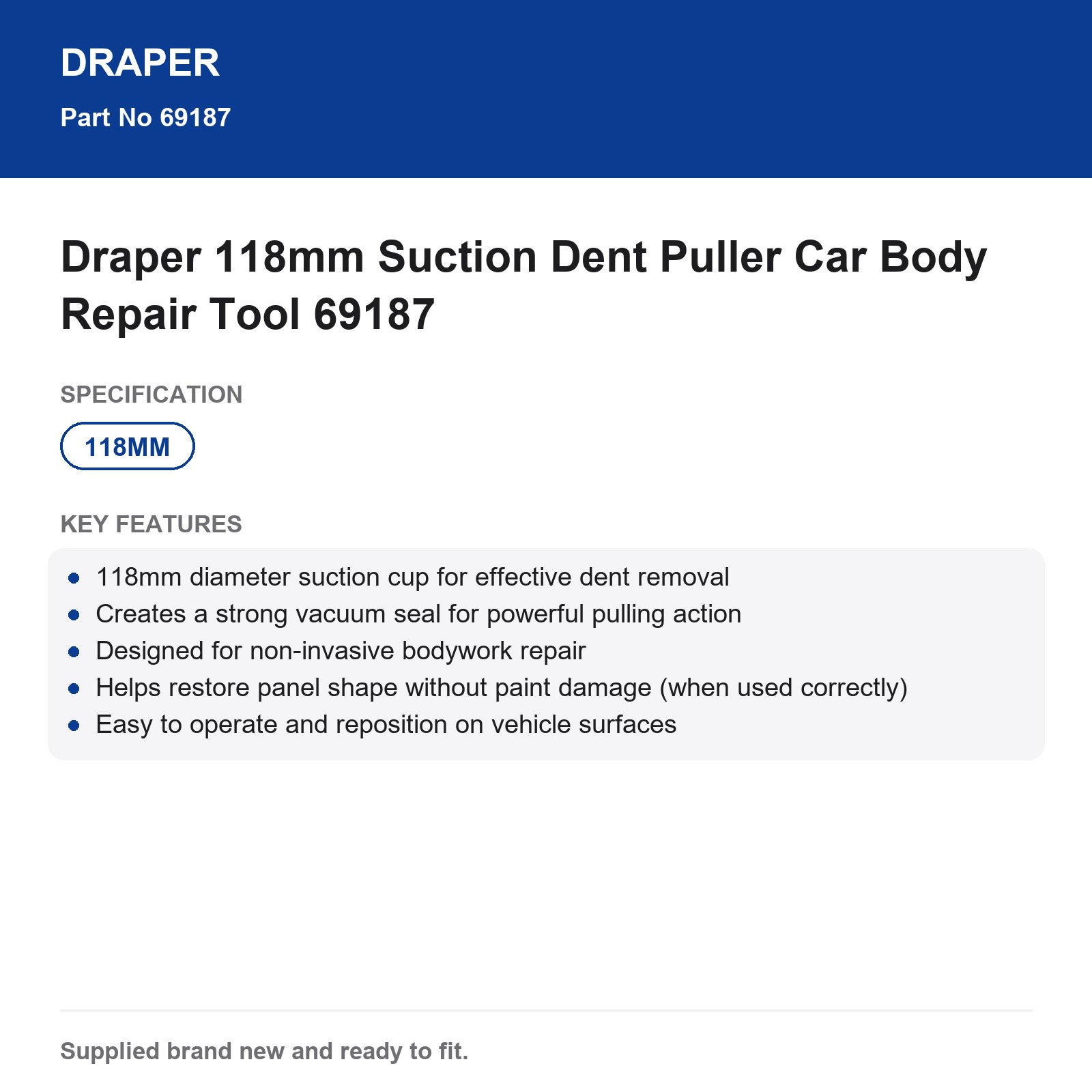 Draper 118mm Suction Dent Puller Car Body Repair Tool 69187 - Image 3