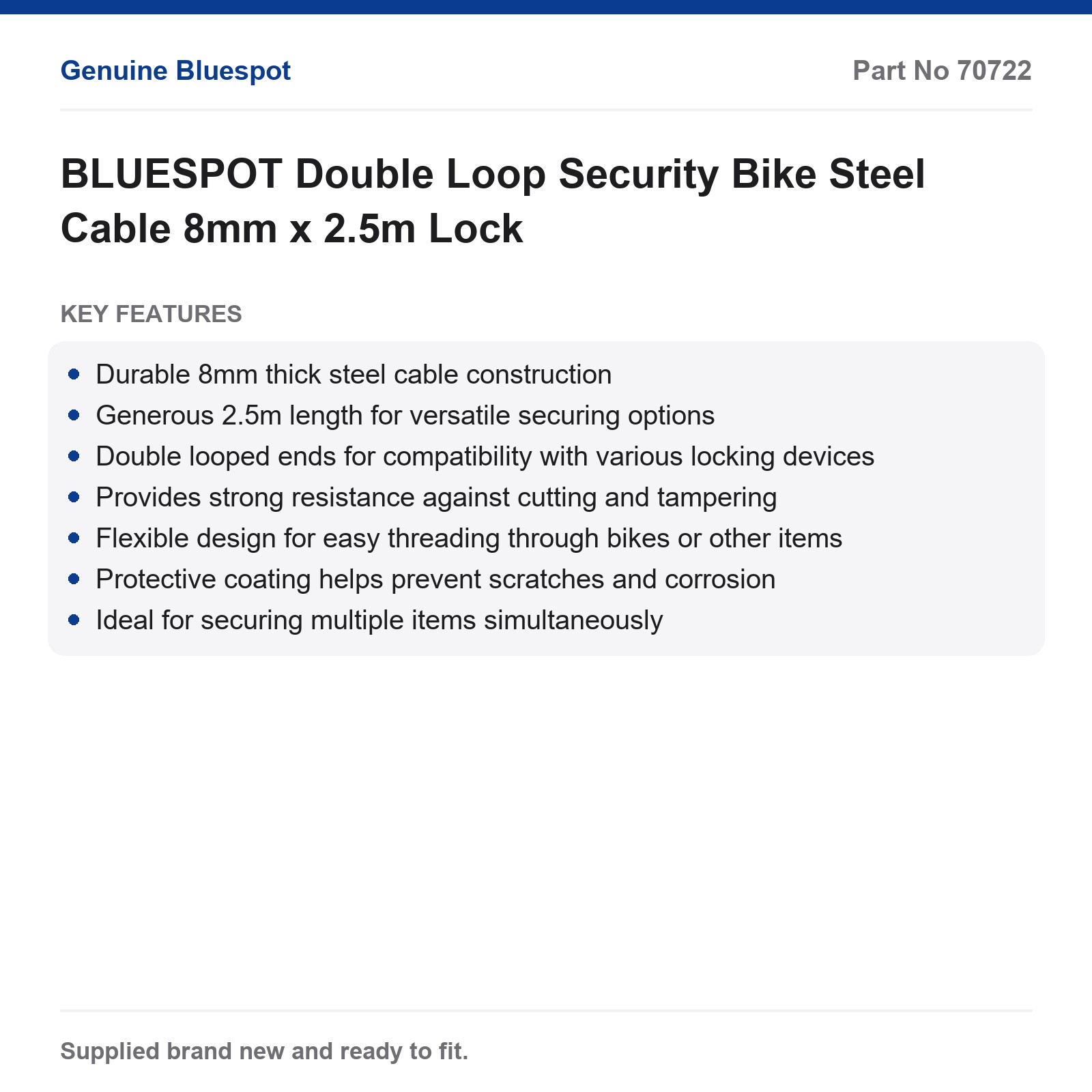 BLUESPOT Double Loop Security Bike Steel Cable 8mm x 2.5m Lock - Image 3