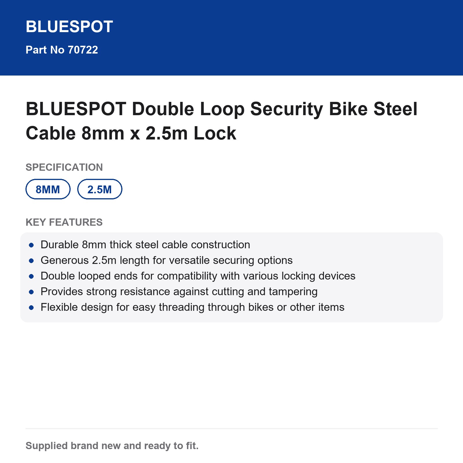 BLUESPOT Double Loop Security Bike Steel Cable 8mm x 2.5m Lock - Image 4