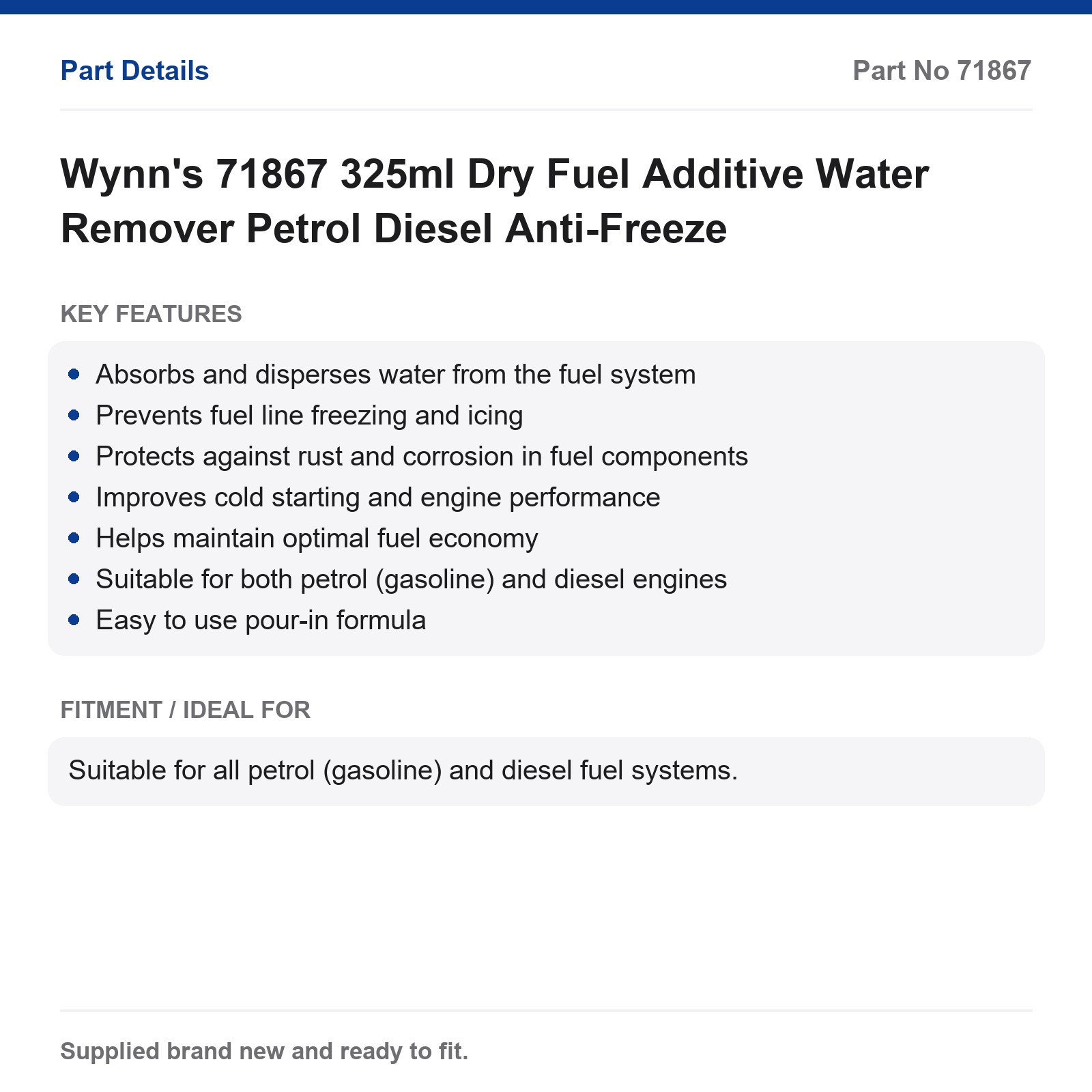 Wynn's 71867 325ml Dry Fuel Additive Water Remover Petrol Diesel Anti-Freeze - Image 2