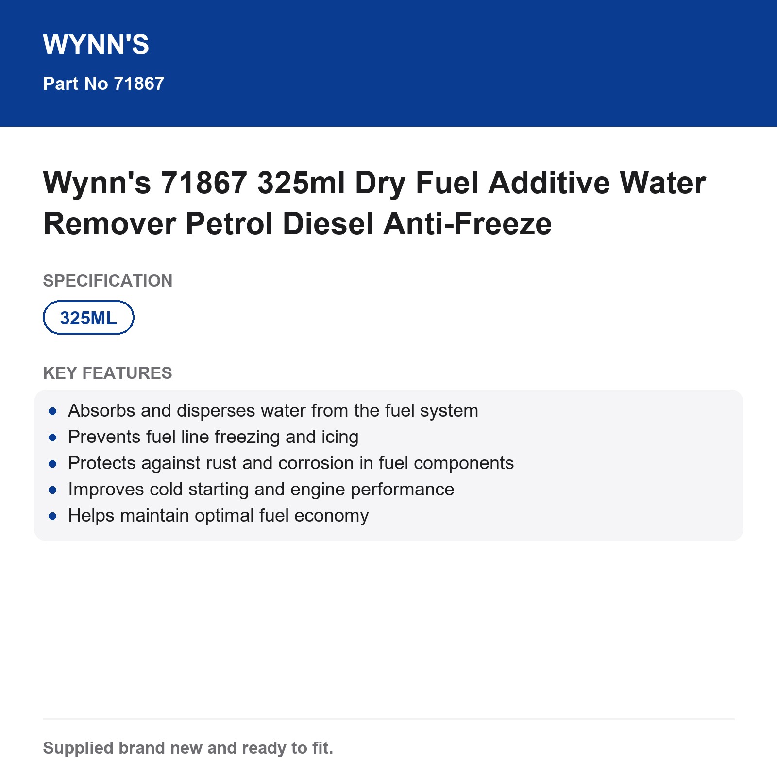 Wynn's 71867 325ml Dry Fuel Additive Water Remover Petrol Diesel Anti-Freeze - Image 3