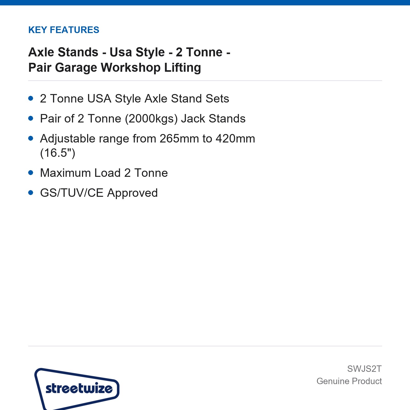 Streetwize 2 Tonne USA Style Axle Stands Pair Garage Workshop - Image 3