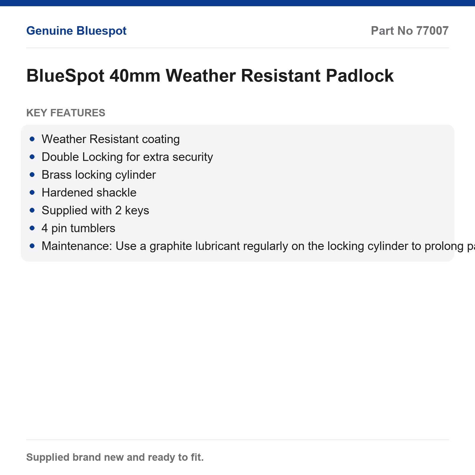 BlueSpot 40mm Weather Resistant Double Lock Padlock Hardened Shackle 2 Keys - Image 3