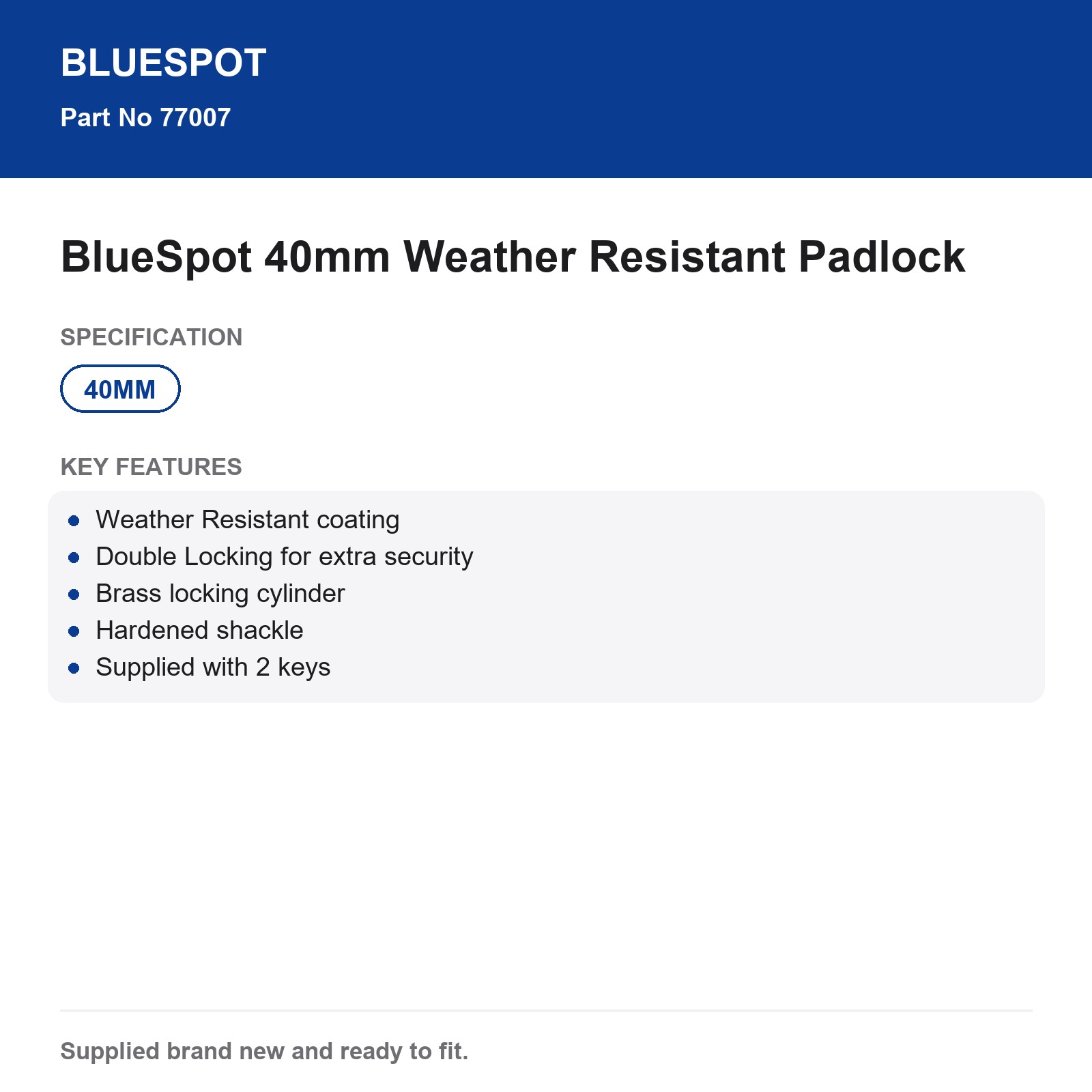 BlueSpot 40mm Weather Resistant Double Lock Padlock Hardened Shackle 2 Keys - Image 4