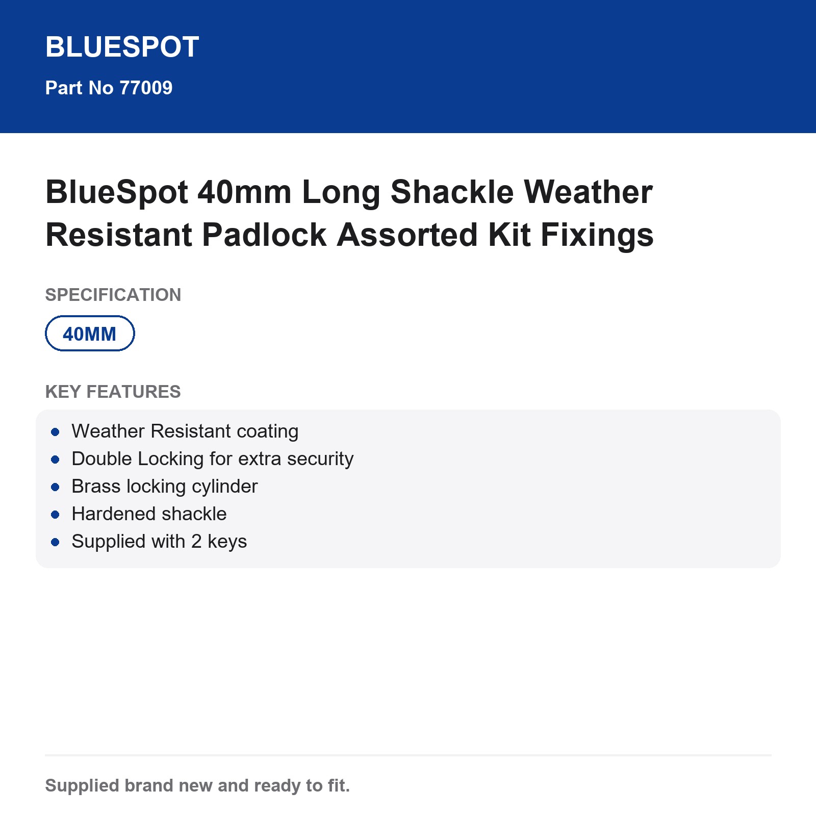 BlueSpot 40mm Long Shackle Weather Resistant Hardened Double Locking Padlock - Image 5