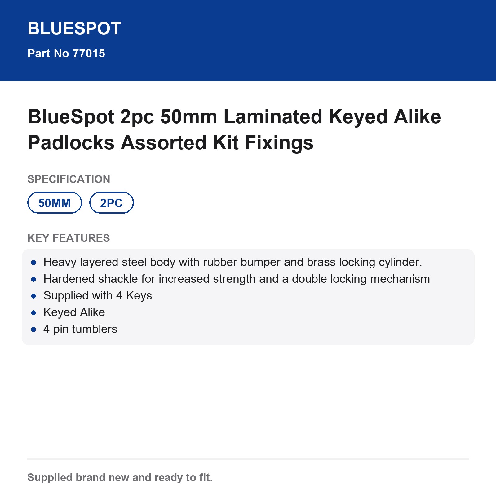 BlueSpot 2pc 50mm Laminated Keyed Alike Padlocks - Image 4