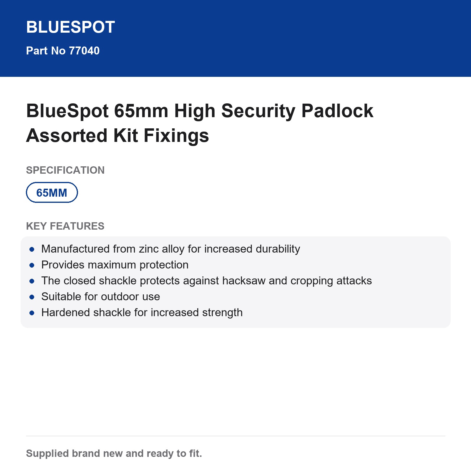 BlueSpot 65mm High Security Padlock Closed Shackle Outdoor 4 Keys - Image 5