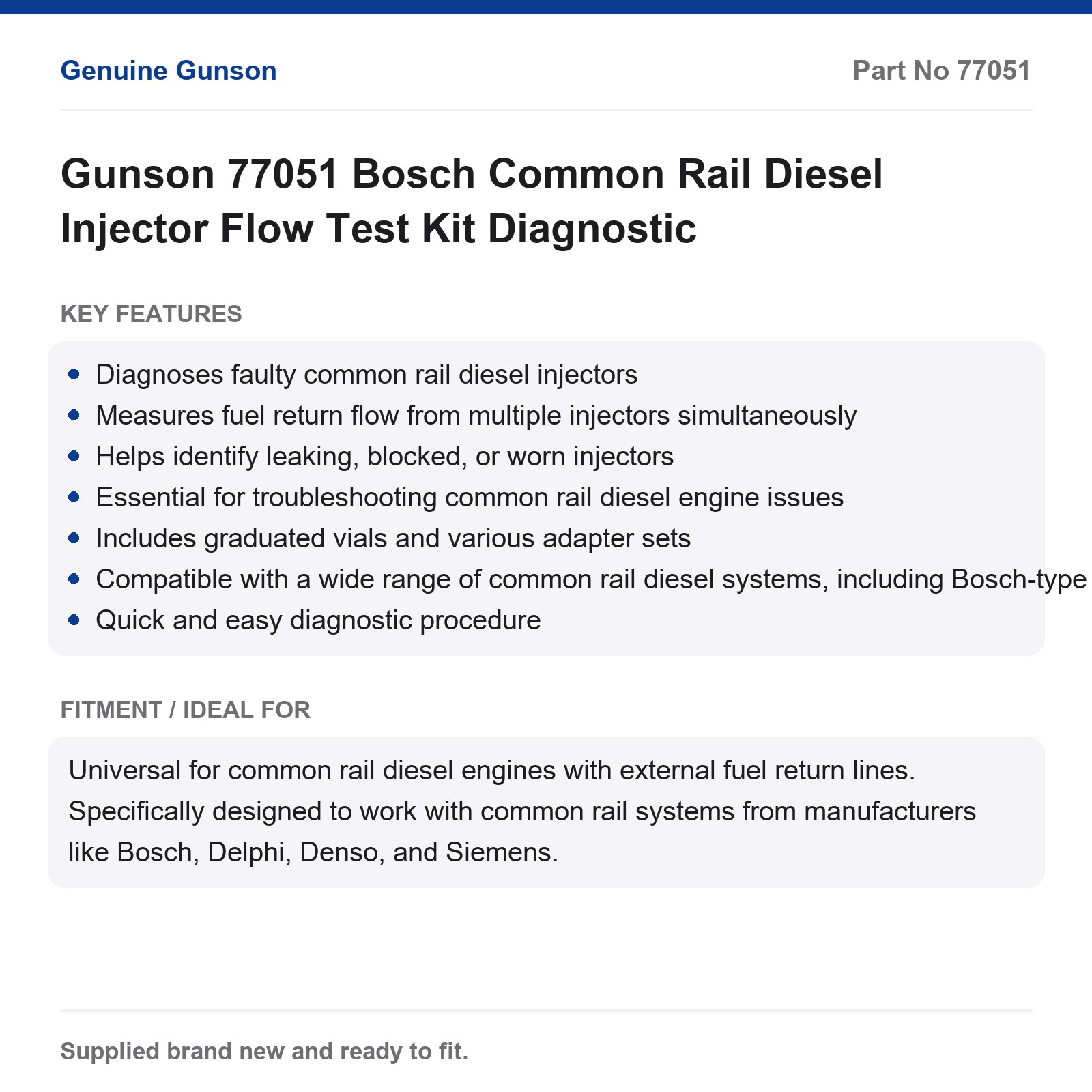 Gunson 77051 Bosch Common Rail Diesel Injector Flow Meter Tester Tool - Image 2