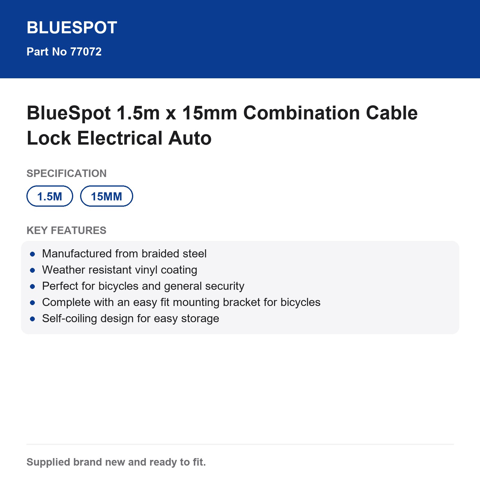 BlueSpot Combination Cable Lock 1.5m x 15mm Bicycle Security - Image 5