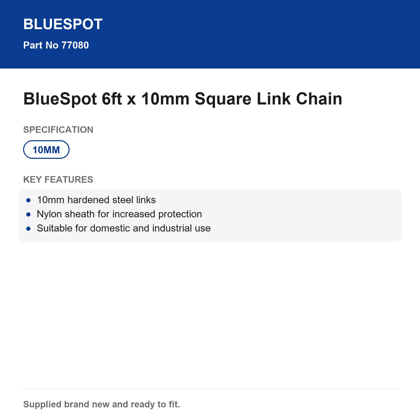 BlueSpot 6ft 10mm Hardened Steel Security Chain Square Link Nylon Sheath - Image 3