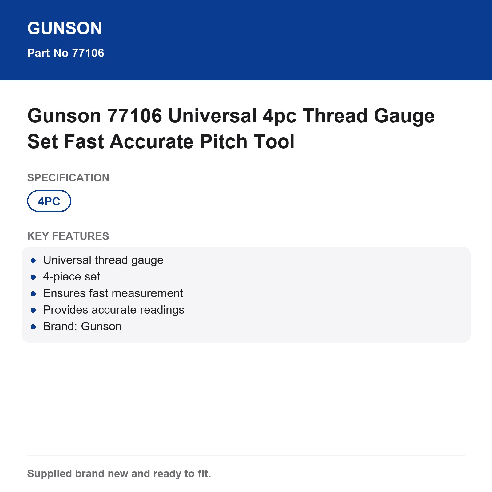 Gunson 77106 Universal 4pc Thread Gauge Set Pitch Tool - Image 4