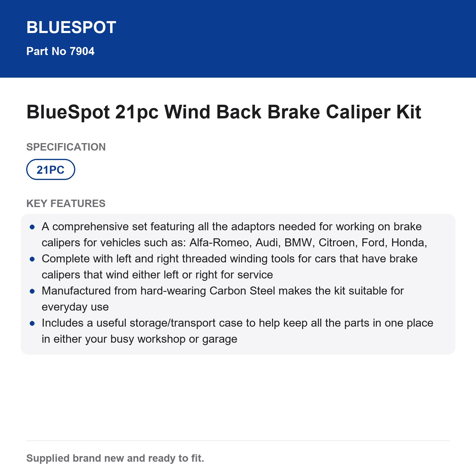 BlueSpot 21pc Carbon Steel Wind Back Brake Caliper Tool Kit Left Right Thread - Image 4